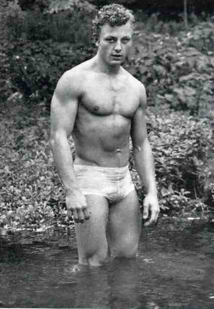 Hungarian bodybuilder and  Model Tibor Urgay poses for Hussar and Royale in the late 1950s