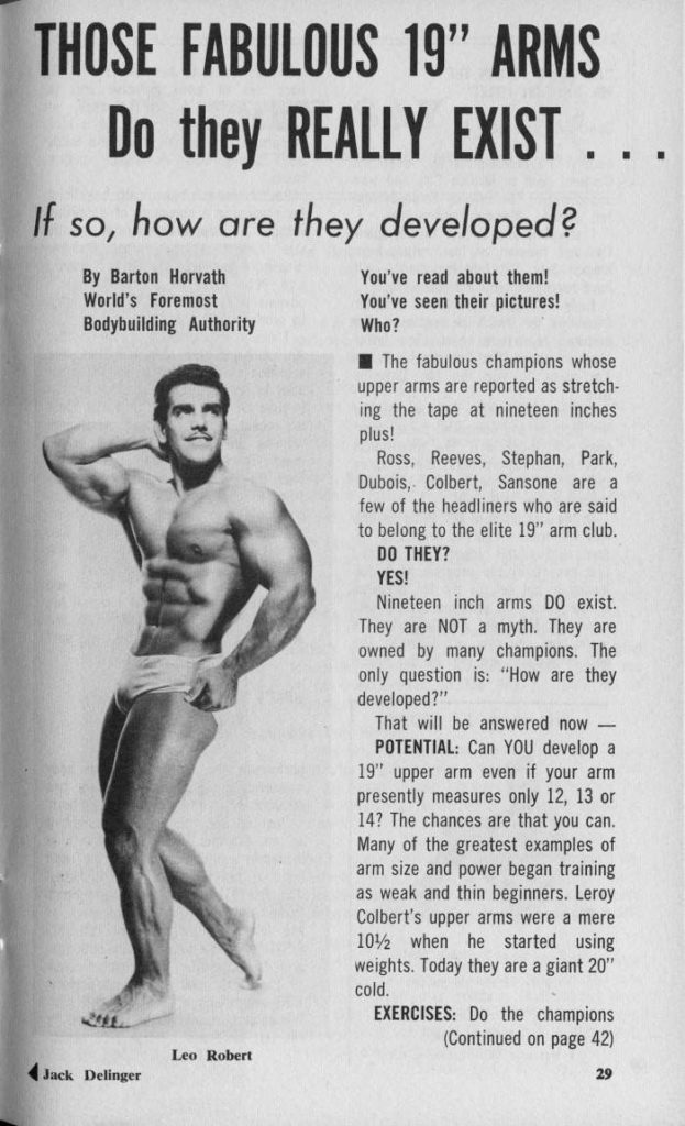 THOSE FABULOUS 19" ARMS Do they REALLY EXIST...
If so, how are they developed?
By Barton Horvath World's Foremost Bodybuilding Authority
You've read about them! You've seen their pictures! Who?
The fabulous champions whose upper arms are reported as stretch- ing the tape at nineteen inches plus!
Ross, Reeves, Stephan, Park, Dubois, Colbert, Sansone are a few of the headliners who are said to belong to the elite 19" arm club.
DO THEY?
YES!
Nineteen inch arms DO exist. They are NOT a myth. They are owned by many champions. The only question is: "How are they developed?"
That will be answered now- POTENTIAL: Can YOU develop a 19" upper arm even if your arm presently measures only 12, 13 or 14? The chances are that you can. Many of the greatest examples of arm size and power began training as weak and thin beginners. Leroy Colbert's upper arms were a mere 10% when he started using weights. Today they are a giant 20" cold.
EXERCISES: Do the champions (Continued on page 42)
Jack Delinger
Leo Robert
29