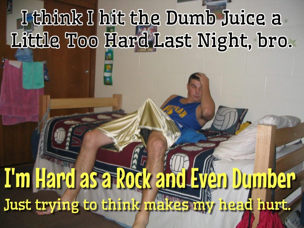 I think I hit the Dumb Juice a Little Too Hard Last Night, bro.
I'm Hard as a Rock and Even Dumber Just trying to think makes my head hurt.