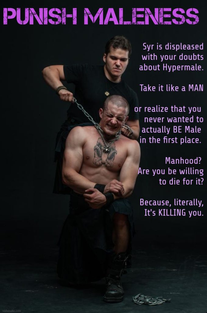 PUNISH MALENESS
Syr is displeased with your doubts about Hypermale.
Take it like a MAN
or realize that you never wanted to actually BE Male in the first place.
Manhood? Are you be willing to die for it?
Because, literally, It's KILLING you.