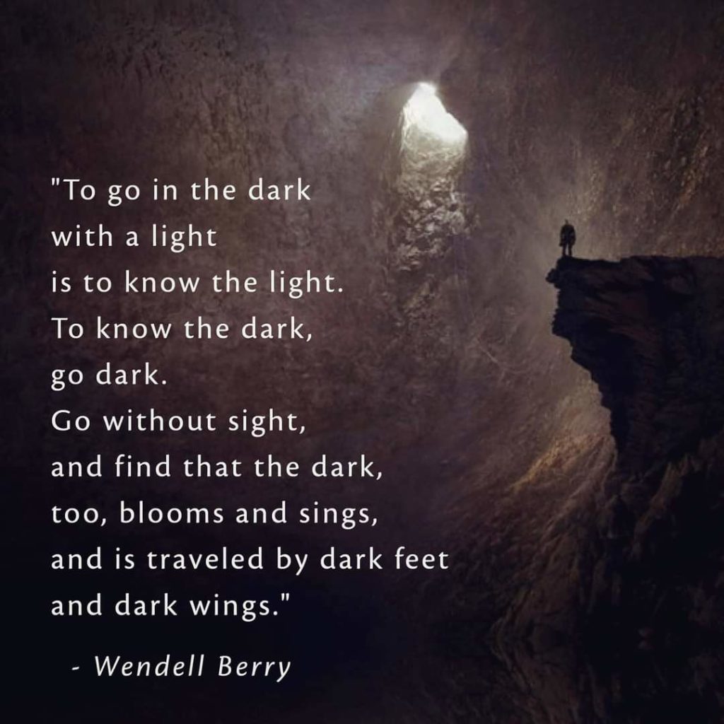 "To go in the dark with a light is to know the light.
To know the dark, go dark.
Go without sight, and find that the dark, too, blooms and sings, and is traveled by dark feet and dark wings."
- Wendell Berry