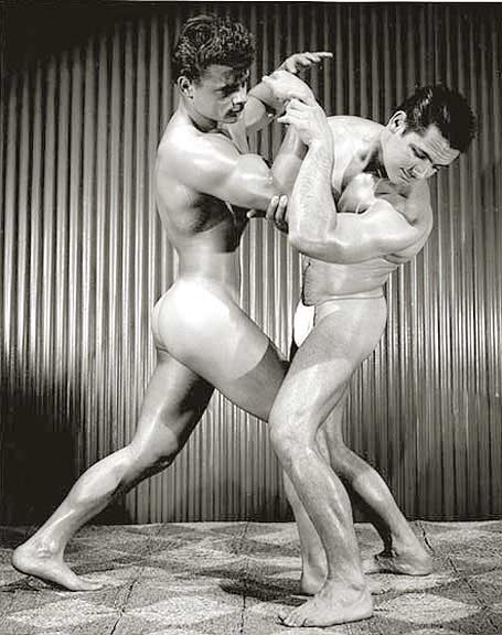 Joe Wing and Jerry Ross wrestling in the mid 1950s. Photographed by Bob Mizner for AMG.