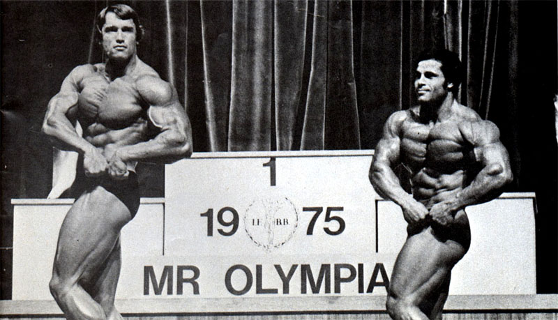 Arnold Schwarzenegger with Franco Colombu at Mr. Olympia 1975