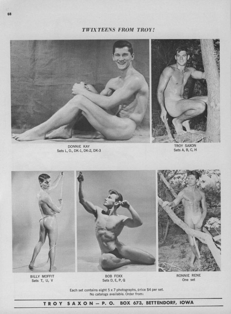 Catalog of model/photographer Troy Saxon featuring Billy Moffit, Bob Foxx, Ronnie Rene, Troy Saxon, and Donnie Kaye, Ronnie Stewart, Bill Rice, and more. 