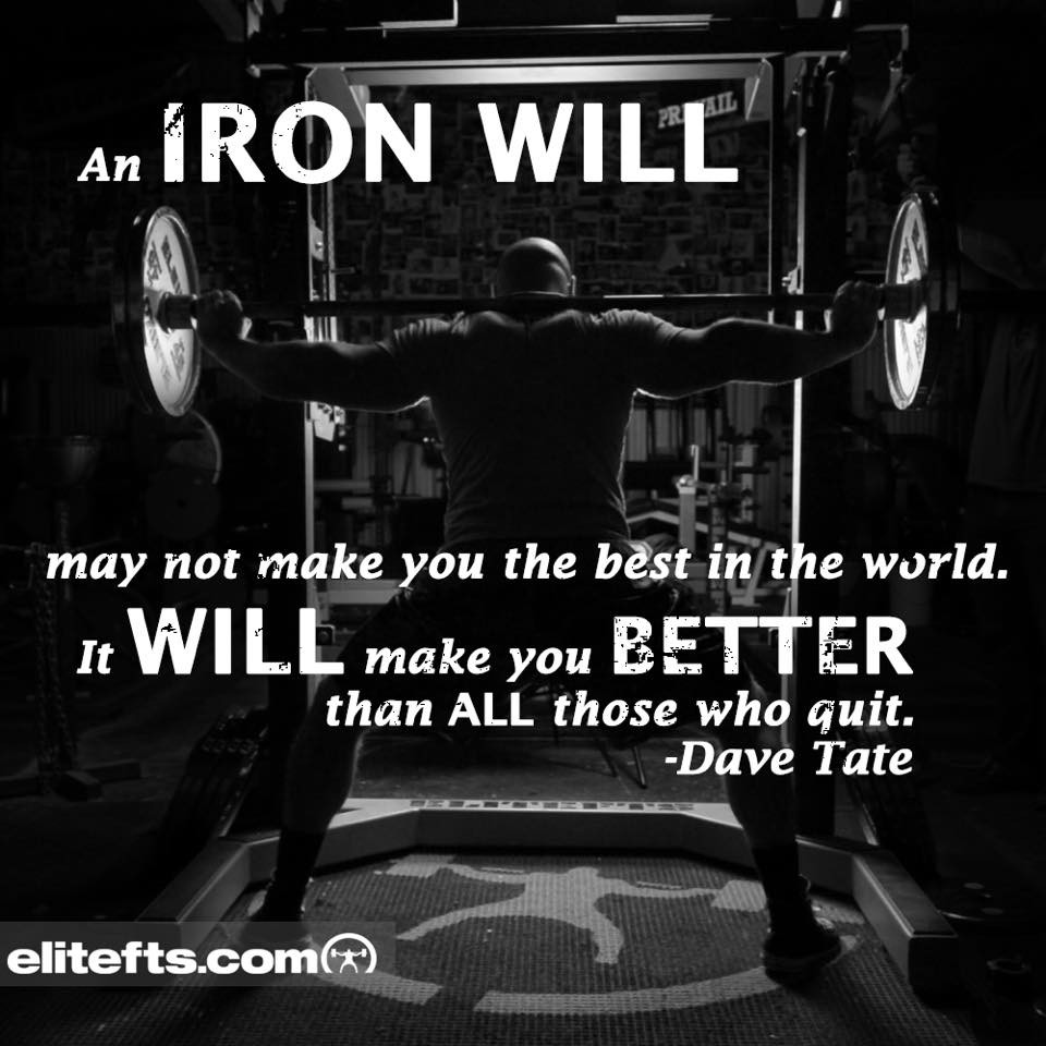 An IRON WILL
may not make you the best in the world.
It WILL make make you BETTER than ALL those who quit. -Dave Tate
elitefts.com(*)