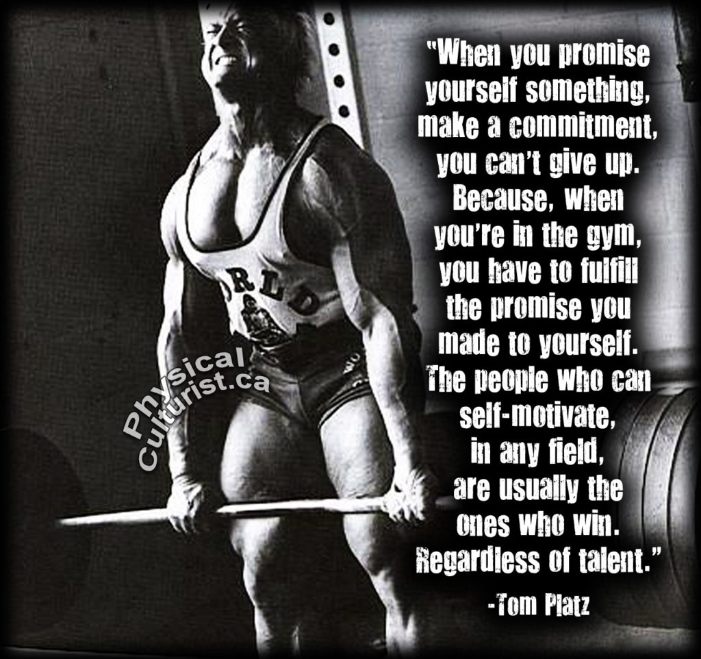 "When you promise yourself something, make a commitment, you can't give up. Because, when you're in the gym, you have to fulfill the promise you made to yourself. The people who can self-motivate, in any field, are usually the ones who win. Regardless of talent."
-Tom Platz