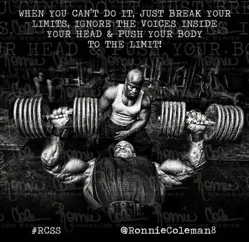 WHEN YOU CAN'T DO IT. J REAK YOURRE WHEN YOU CAN'T DO IT, JUST BREAK YOUR LIMITS, IGNORE THE VOICES INSIDE URE SERIES YOUR HEAD & PUSH YOUR BODY TO THE LIMIT! ES I SERIES R HEAD PUSH YOUR BODY TO THE LIMIT! -- Ronnie Coleman