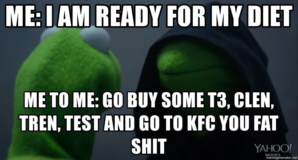 ME: I AM READY FOR MY DIET
ME TO ME: GO BUY SOME T3, CLEN, TREN, TEST AND GO TO KFC YOU FAT
SHIT
