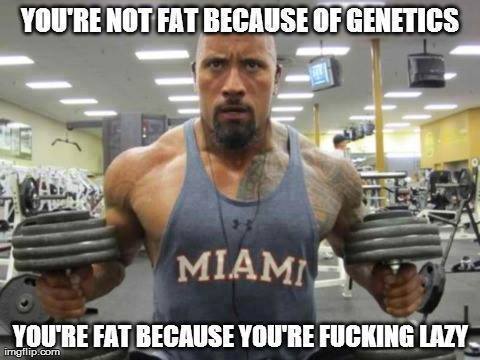 YOU'RE NOT FAT BECAUSE OF GENETICS
YOU'RE FAT BECAUSE YOU'RE FUCKING LAZY 

imgflip.com