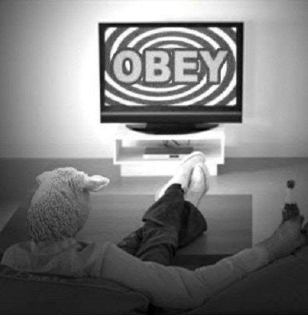 OBEY says the spiral, the sheep drools mindlessly as it watches, remote in hand.