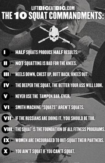 LIFTBIGEATBIG.COM
THE 10 SQUAT COMMANDMENTS:
HALF SQUATS PRODUCE HALF RESULTS.
II NOT SQUATTING IS BAD FOR THE KNEES.
III HEELS DOWN, CHEST UP, BUTT BACK, KNEES OUT.
IV THE DEEPER THE SQUAT, THE BETTER YOUR ASS WILL LOOK.
V NEVER USE THE TAMPON BAR. EVER.
VI SMITH MACHINE "SQUATS" AREN'T SQUATS.
VII IF THE RUSSIANS ARE DOING IT, YOU SHOULD BE TOO.
VIII THE SQUAT IS THE FOUNDATION OF ALL FITNESS PROGRAMS.
IX WOMEN ARE ENCOURAGED TO OUT-SQUAT THEIR PARTNERS.
XYOU AIN'T SQUAT IF YOU CAN'T SQUAT.