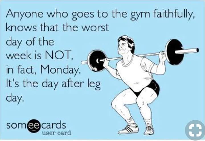 Anyone who goes to the gym faithfully, knows that the worst day of the week is NOT, in fact, Monday. It's the day after leg day.
someecards user card
3