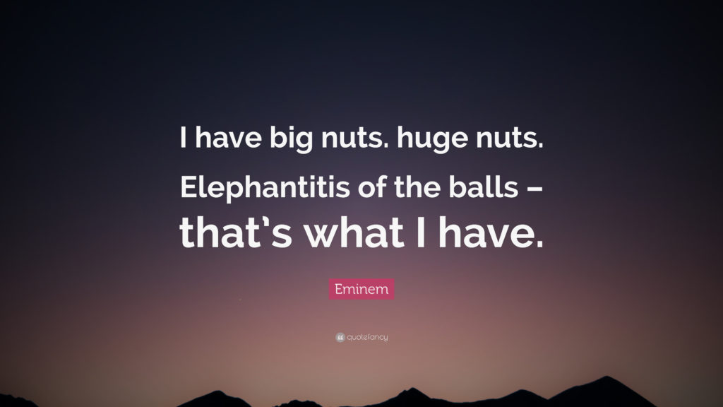 I have big nuts. huge nuts. Elephantitis of the balls - that's what I have.
Eminem
quotefancy