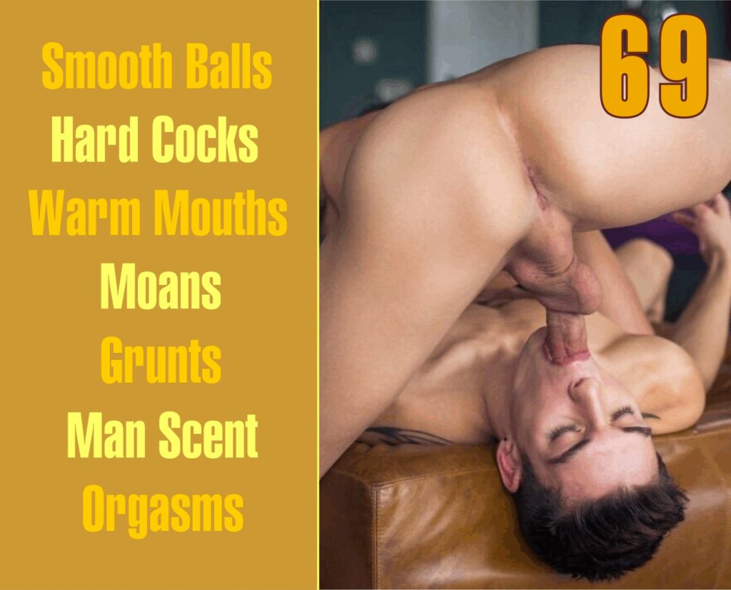 Smooth Balls
Hard Cocks
Warm Mouths
Moans
Grunts
Man Scent
Orgasms
69