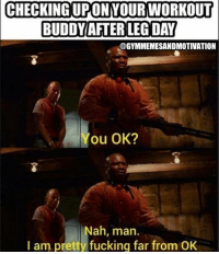 CHECKING UP ON YOUR WORKOUT BUDDY AFTER LEG DAY
@GYMMENESANDMOTIVATION
You OK?
Nah, man.
I am pretty fucking far from OK