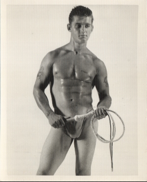 Black and white in studio posing strap images taken by Bruce Belas (Bruce of LA) for Kensington Road in the late 1950s.