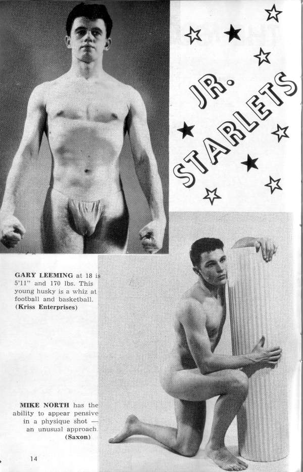 JR. STARLETS
GARY LEEMING at 18 is 5'11" and 170 lbs. This young husky is a whiz at football and basketball. (Kriss Enterprises)
MIKE NORTH has the ability to appear pensive in a physique shot an unusual approach (Saxon)
14