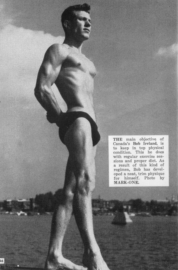 Canadian bodybuilder and gymnast Bob Ireland poses for Mark One Studios in the early 50s.