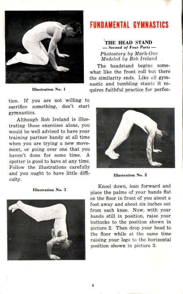 FUNDAMENTAL GYMNASTICS
THE HEAD STAND -Second of Four Parts -
Photostory by Mark-One Modeled by Bob Ireland
Illustration No. 1
The headstand begins some- what like the front roll but there the similarity ends. Like all gym- nastic and tumbling stunts it re- quires faithful practice for perfec-
tion. If you are not willing to sacrifice something, don't start gymnastics.
Although Bob Ireland is illus- trating these exercises alone, you would be well advised to have your training partner handy at all time when you are trying a new move- ment, or going over one that you haven't done for some time. A spotter is good to have at any time. Follow the illustrations carefully and you ought to have little diffi- culty.
Illustration No. 2
Illustration No. 3
Kneel down, lean forward and place the palms of your hands flat on the floor in front of you about a foot away and about six inches out from each knee. Now, with your hands still in position, raise your buttocks to the position shown in picture 2. Then drop your head to the floor while at the same time raising your legs to the horizontal position shown in picture 3.
8