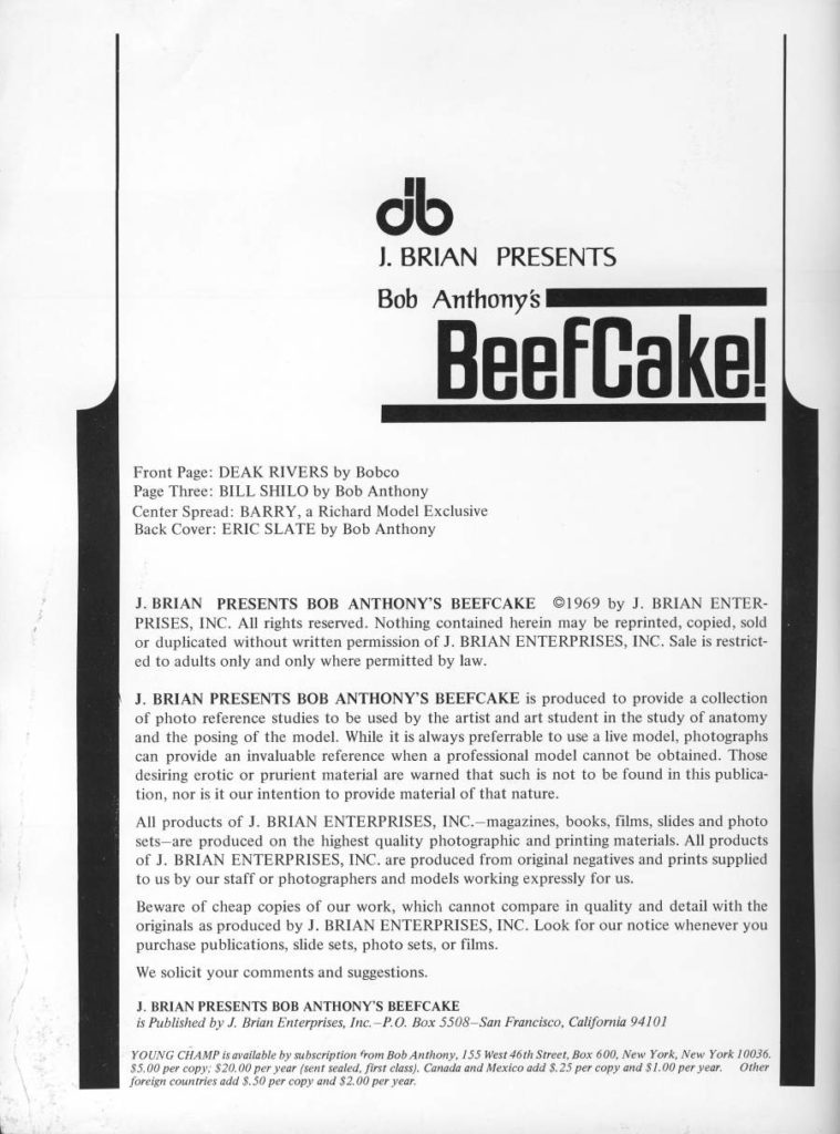 J. Brian presents Bob Anthony's Beefcake, 1969. Featuring Deek Rivers, Barry Slate, Goldie Wilson, Ted Shilo, and Bill Payne.