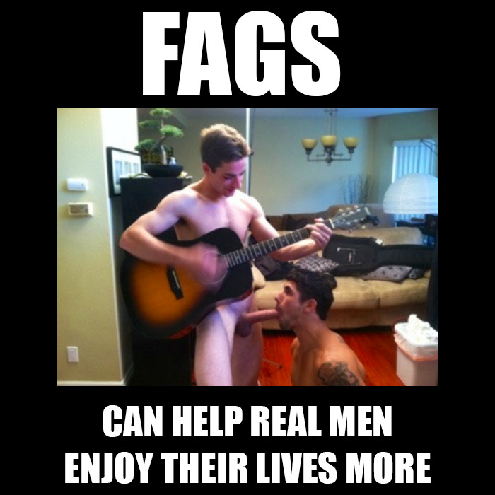 fags can help real men enjoy their lives more. (man plays guitar as faggot sucks his dick)