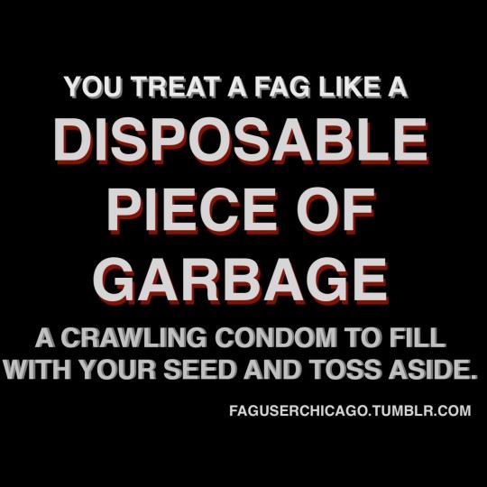 YOU TREAT A FAG LIKE A DISPOSABLE PIECE OF GARBAGE
A CRAWLING CONDOM TO FILL WITH YOUR SEED AND TOSS ASIDE.
FAGUSERCHICAGO.TUMBLR.COM