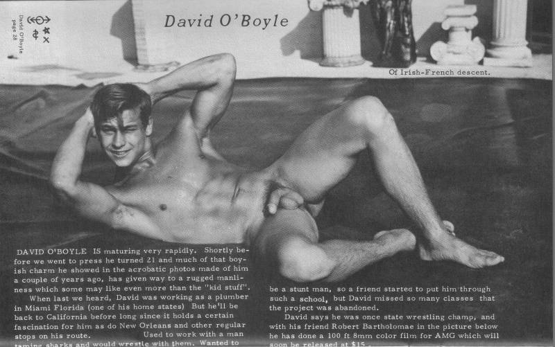 page 28
David O'Boyle
David O'Boyle
Of Irish-French descent.
DAVID O'BOYLE IS maturing very rapidly. Shortly be- fore we went to press he turned 21 and much of that boy- ish charm he showed in the acrobatic photos made of him a couple of years ago, has given way to a rugged manli- ness which some may like even more than the "kid stuff".
When last we heard, David was working as a plumber in Miami Florida (one of his home states) But he'll be back to California before long since it holds a certain. fascination for him as do New Orleans and other regular stops on his route. Used to work with a man
taming sharks and would wrestle with them. Wanted to
be a stunt man, so a friend started to put him through such a school, but David missed so many classes that the project was abandoned.
David says he was once state wrestling champ, and with his friend Robert Bartholomae in the picture below he has done a 100 ft 8mm color film for AMG which will soon be released at $15