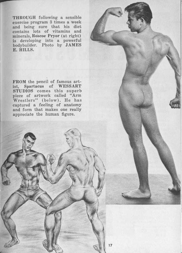 THROUGH following a sensible exercise program 3 times a week and being sure that his diet contains lots of vitamins and minerals, Roscoe Pryor (at right) is developing into a powerful bodybuilder. Photo by JAMES E. HILLS.
FROM the pencil of famous art- ist, Spartacus of WESSART STUDIOS comes this superb piece of artwork called "Arm Wrestlers" (below). He has captured a feeling of anatomy and form that makes one really appreciate the human figure.
17