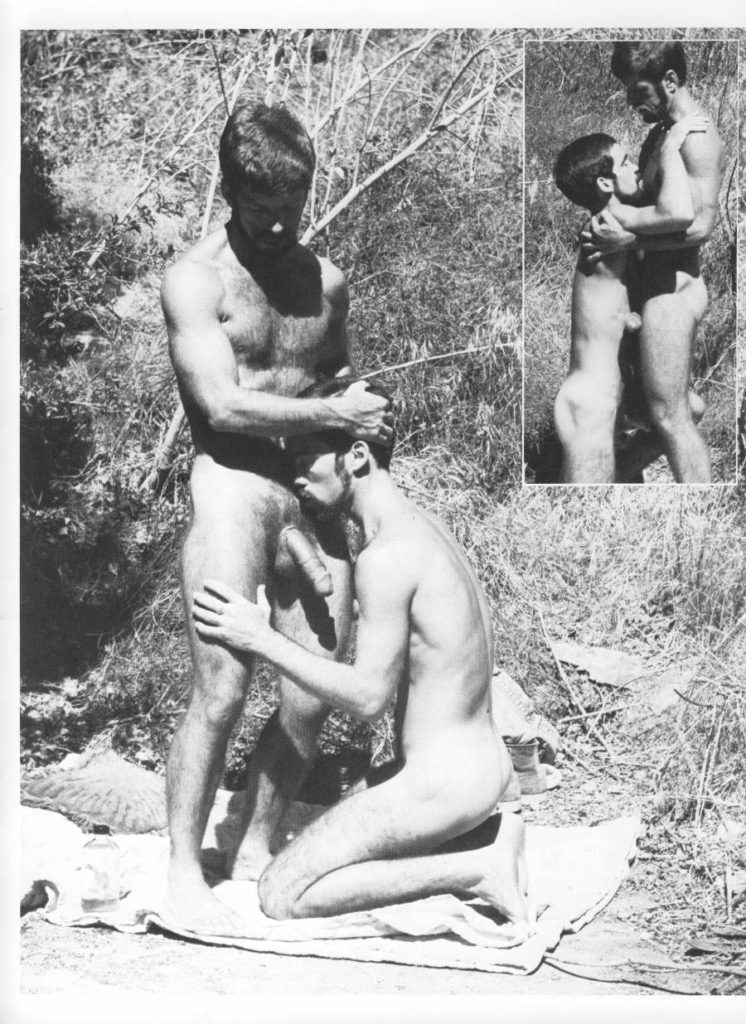 Ben Mitchell sucks Christopher Steele's cock in the woods in this vintage black and white gay porn by David Carter.