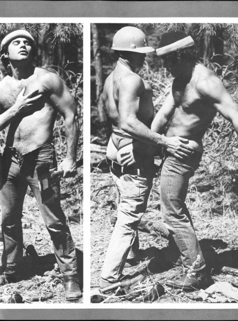 Black and white vintage gay porn of a guy in a hard hat with a wail tail getting his ass grabbed.