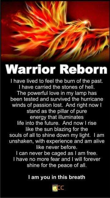 Warrior Reborn
I have lived to feel the burn of the past. I have carried the stones of hell. The powerful love in my lamp has been tested and survived the hurricane winds of passion lost. And right now I stand as the pillar of pure energy that illuminates life into the future. And now I rise like the sun blazing for the souls of all to shine down my light. I am unshaken, with experience and am alive like never before.
I can never be caged as I am free. I have no more fear and I will forever shine for the peace of all.
I am you in this breath
CC