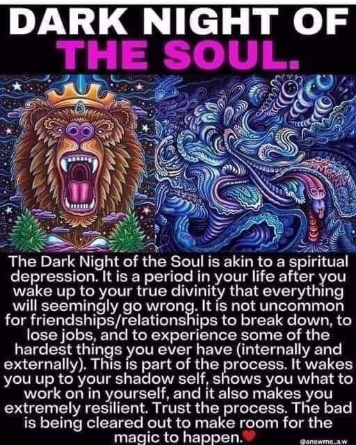 DARK NIGHT OF THE SOUL.
The Dark Night of the Soul is akin to a spiritual depression. It is a period in your life after you wake up to your true divinity that everything will seemingly go wrong. It is not uncommon for friendships/relationships to break down, to lose jobs, and to experience some of the hardest things you ever have (internally and externally). This is part of the process. It wakes you up to your shadow self, shows you what to work on in yourself, and it also makes you extremely resilient. Trust the process. The bad is being cleared out to make room for the magic to happen.
@anewme.aw