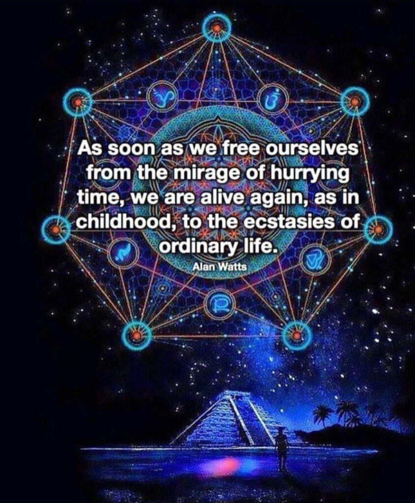 As soon as we free ourselves from the mirage of hurrying time, we are alive again, as in childhood, to the ecstasies of ordinary life.
Alan Watts