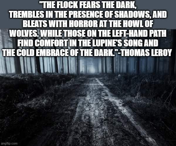 "THE FLOCK FEARS THE DARK, TREMBLES IN THE PRESENCE OF SHADOWS, AND BLEATS WITH HORROR AT THE HOWL OF WOLVES. WHILE THOSE ON THE LEFT-HAND PATH FIND COMFORT IN THE LUPINE'S SONG AND THE COLD EMBRACE OF THE DARK."-THOMAS LEROY
imgflip.com