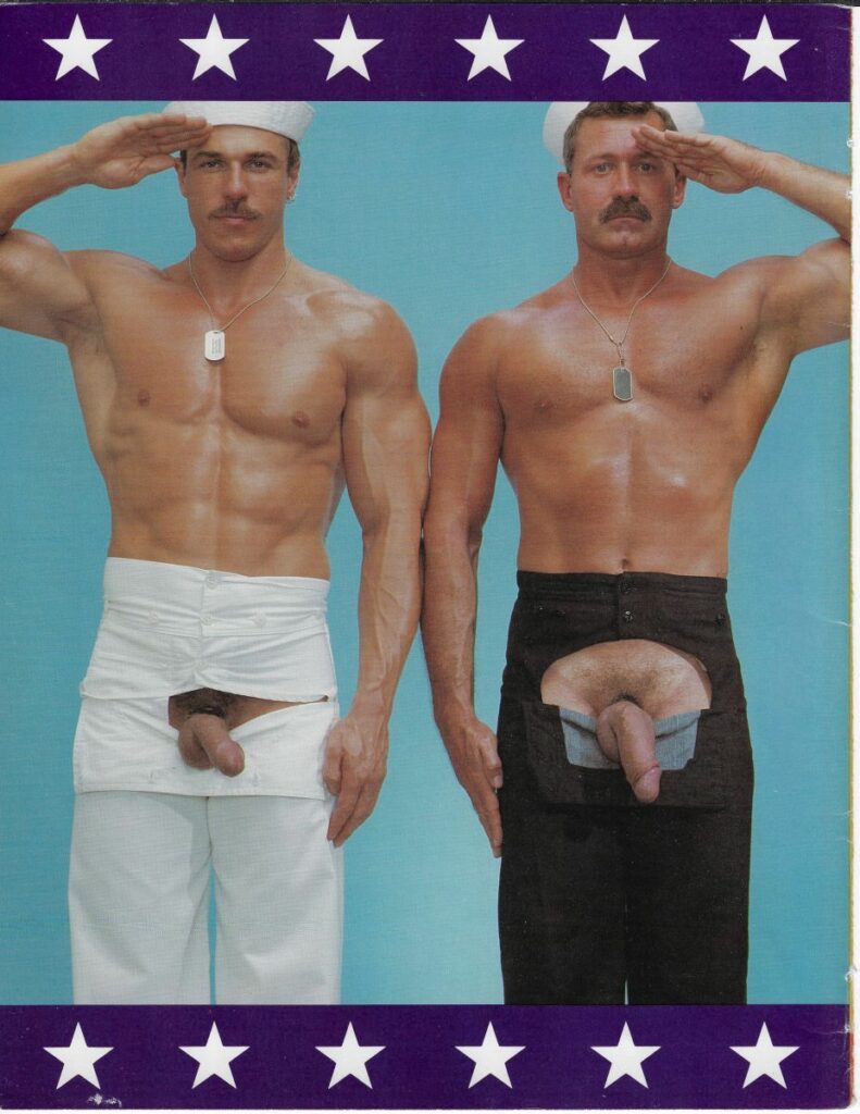 late 1970s porn stars Frank Vickers and Rod Kasznar salute shirtless in sailor hats and gog tags with the flaps of their navy bell-bottoms open to expose their engorged cocks.