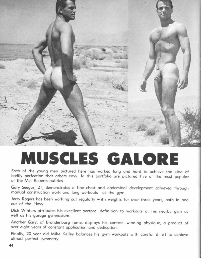 MUSCLES GALORE
Each of the young men pictured here has worked long and hard to achieve the kind of bodily perfection that others envy. In this portfolio are pictured five of the most popular of the Mel Roberts builties.
Gary Seegar, 21, demonstrates a fine chest and abdominal development achieved through manual construction work and long workouts at the gym.
Jerry Rogers has been working out regularly with weights for over three years, both in and out of the Navy.
Dick Winters attributes his excellent pectoral definition to workouts at his nearby gym as
well as his garage gymnasium.
Another Gary, of Brandenburg fame, displays his contest winning physique, a product of over eight years of constant application and dedication.
Finally, 20 year old Mike Kelley balances his gym workouts with careful diet to achieve almost perfect symmetry.
44